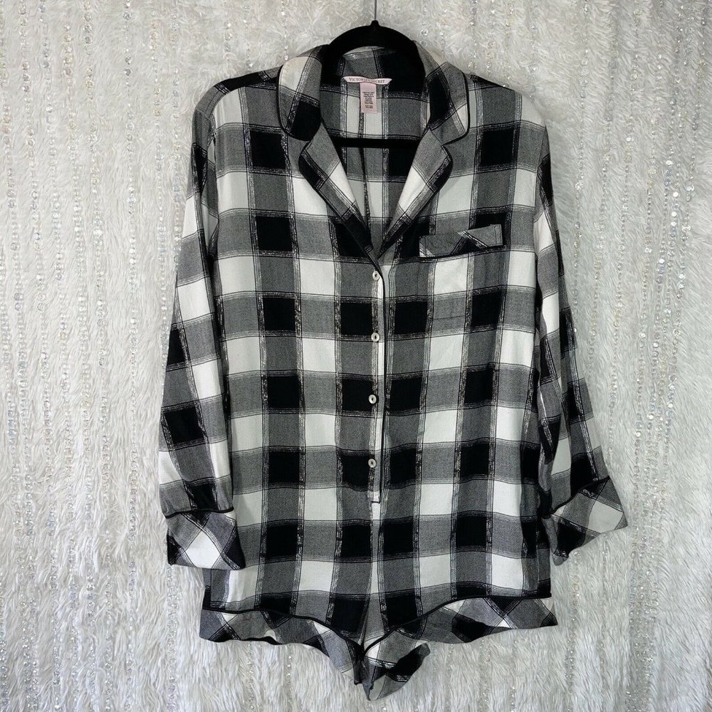 Victoria's Secret Pajama Romper SMALL Button Up Black Silver Pajamas *NO Belt*